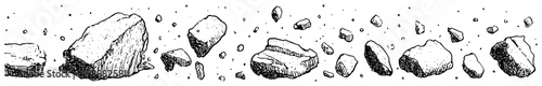 Flying stones and falling debris rocks sketch, shattered rubble and gravel texture, engraved style destruction vector