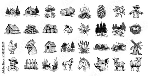 Farm and countryside icons mega set, rural agriculture elements with livestock and farm animals, vintage engraving collection