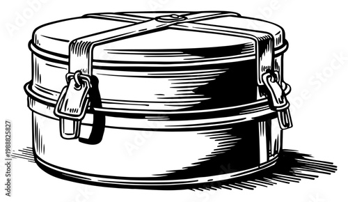 Vintage round hat box or travel luggage case sketch, retro container with leather straps and buckles, engraved style fashion accessory vector