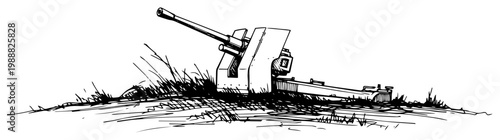Military field gun or anti-aircraft artillery sketch, vintage army weapon for defense on hill, engraved style warfare vector illustration