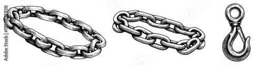 Metal chains and lifting hook set hand drawn sketch, industrial heavy duty hardware, engraved style steel links vector illustration