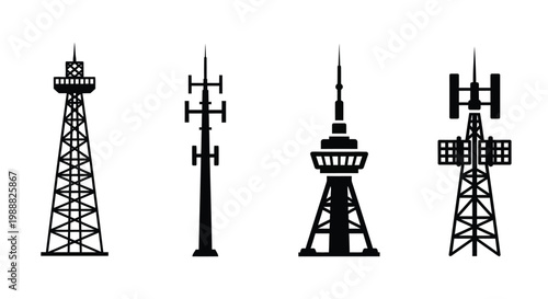Four distinct communication towers presented as a stark black silhouette