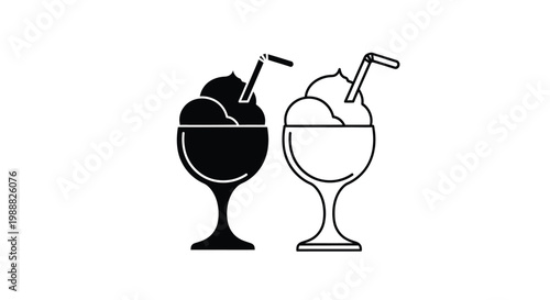 Two drinks with straws depicted in a stark black silhouette
