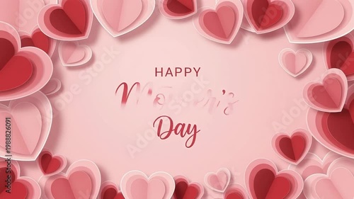 A festive Happy mother's Day card features red and pink hearts on a pink background.