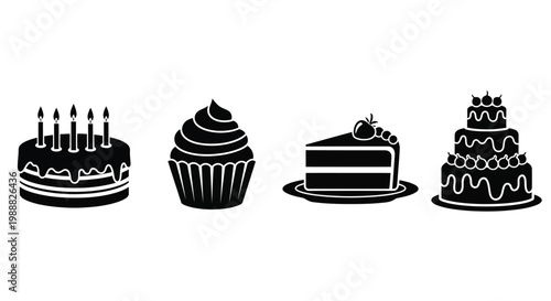 Black and white desserts including cakes and cupcakes a graphic silhouette