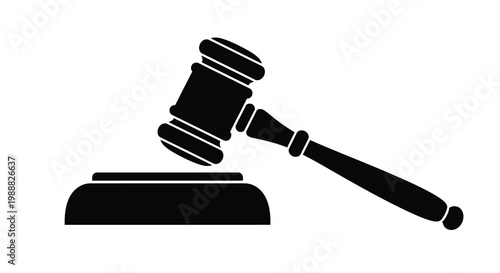 A black silhouette depicts a classic wooden gavel resting upon a sound block high quality professional