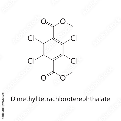 Dimethyl tetrachloroterephthalate skeletal structure. ester compound schematic illustration. Simple diagram, chemical formula.