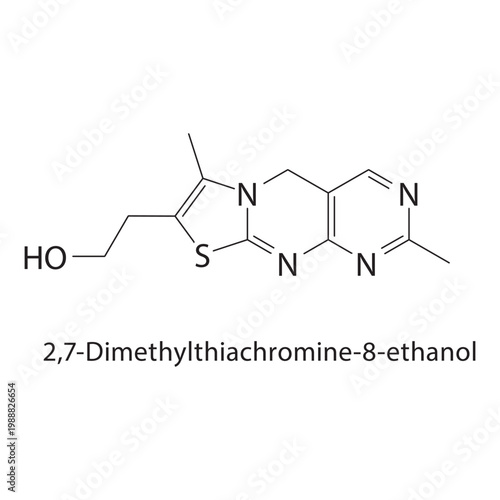 2,7-Dimethylthiachromine-8-ethanol skeletal structure. alcohol compound schematic illustration. Simple diagram, chemical formula.