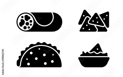 Mexican food icons, taco, burrito, nachos, vector