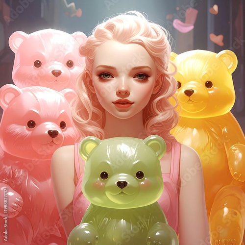 A young woman with pink hair surrounded by giant, colorful gummy bear figures. She is the central figure in a sugary, dreamy scene