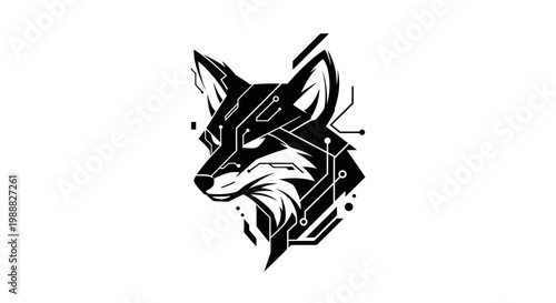 Black and white fox head illustration.