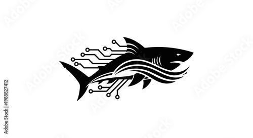 Black and white illustration of a futuristic fish with circuit board elements.