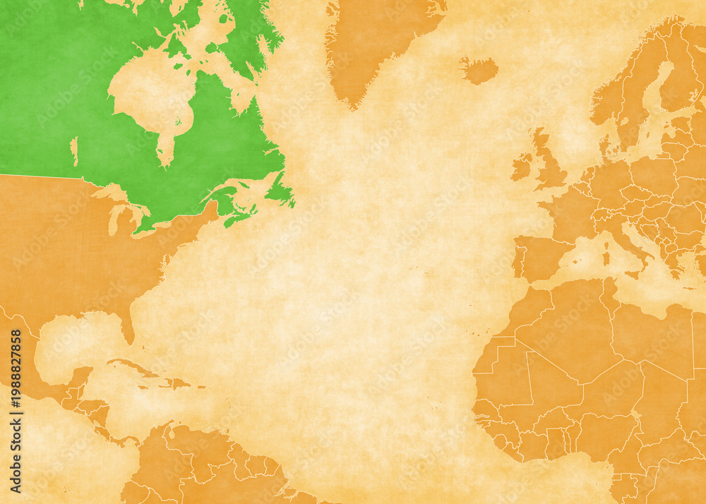 Fototapeta premium Ocher map of North Atlantic Ocean - Canada