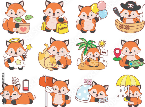 Cute set of Fox sticker with activity. Fox with variation of activity