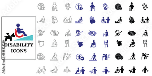 disability icons set. disabled, wheelchair, crutches, blindness, deaffness, amputee and more. simple complete vector illustration