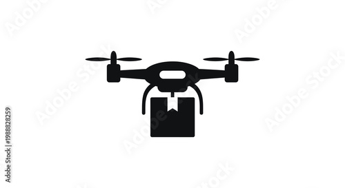 Black silhouette of a delivery drone with package below
