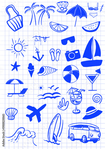 set of travel icons-hand drawing doodle summer vacation-sea and surf vector illustration set-Tropical coastal elements palm trees, waves, surfboards-seamless pattern with travel and transport
