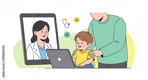 Child and Father Consult Doctor Online Via Video Call on Laptop, Telemedicine Concept