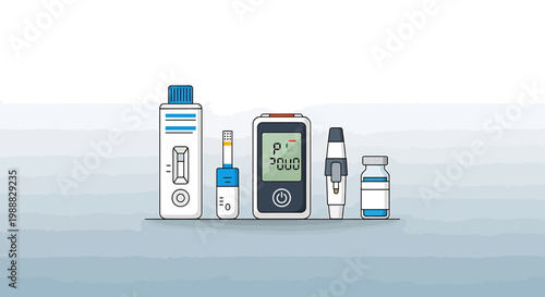 Diabetes Medical Devices Set: Glucose Meter, Lancets, Insulin Vial, Test Strips