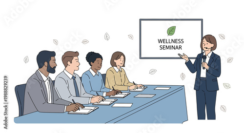 Diverse group attending a wellness seminar with a presenter at a whiteboard