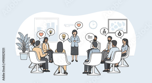 Diverse group therapy session, facilitator leads discussion on mental health and well-being