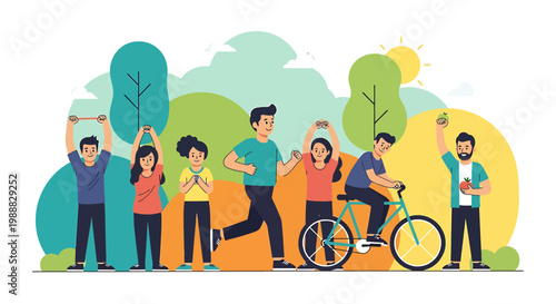 Diverse group of people enjoying outdoor activities and healthy lifestyle in a park