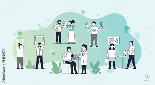 Diverse People Engage in Health Checkups and Wellness Activities, Promoting Healthy Lifestyle