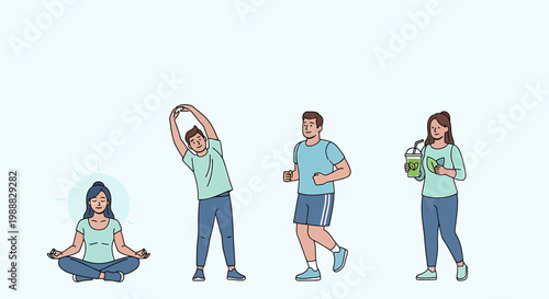 Diverse people practicing healthy lifestyle activities: yoga, stretching, running, and drinking smoothie