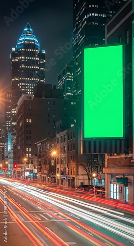 Busy city street at night with light trails and illuminated billboards