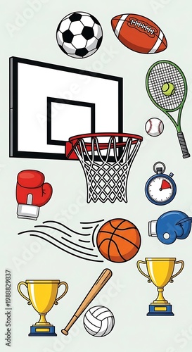 Cartoon sports equipment and trophies on a light background