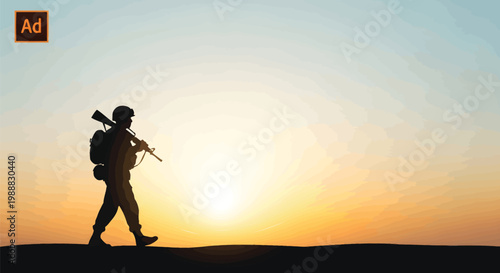 Military soldier silhouette walking at sunset, brave army infantryman with rifle and backpack, heroic veteran on battlefield at dawn vector