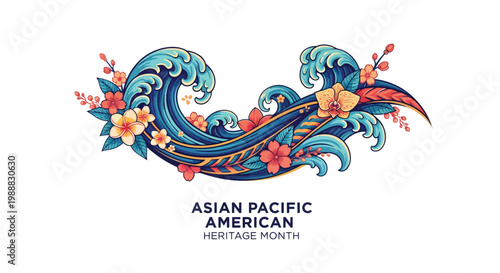 Asian Pacific American Heritage Month celebration with wave and floral elements