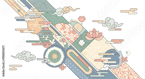 Japanese traditional pattern vector background, pastel oriental floral ornaments and clouds, elegant asian geometric decorative banner for greeting cards