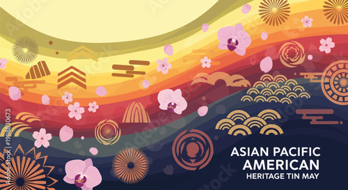 Asian Pacific American Heritage Month background, traditional Japanese patterns and orchid flowers, colorful abstract wave vector illustration