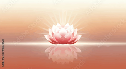 Glowing pink lotus flower on water, spiritual zen background with light rays and reflection, elegant floral vector for meditation and wellness