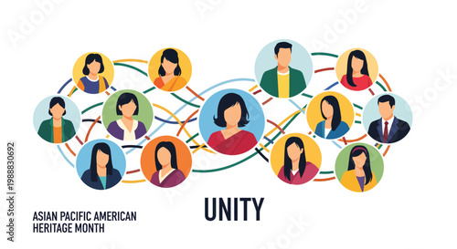 Asian Pacific American Heritage Month vector banner, diverse community unity concept with people avatars, connected network of professional characters