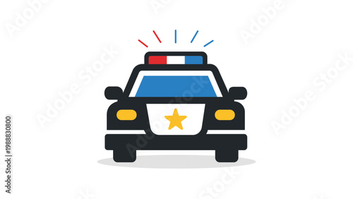 Police Car Front View Vector Icon Illustration with Editable Stroke. Modern Flat Design of a Law Enforcement Vehicle with Flashing Emergency Lights and Sheriff Star on a White Background.