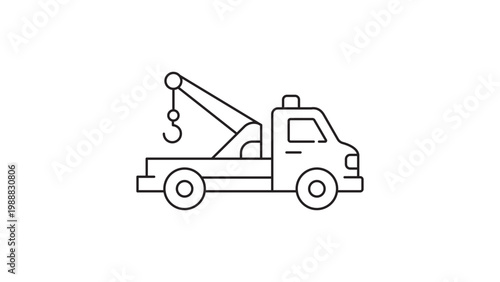Tow Truck Minimalist Black Line Vector Icon on White Background. Heavy Utility Vehicle Illustration with Editable Stroke for Roadside Assistance, Recovery, and Automotive Transport Projects.