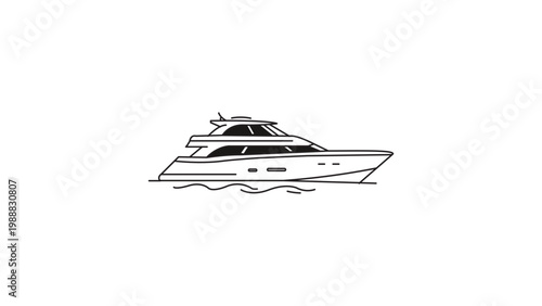 Minimalist black line vector icon of a sleek modern luxury yacht on water, hand-drawn outline illustration with editable stroke for customizable line weight, isolated on white background.