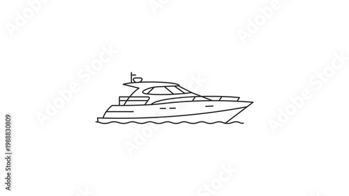 Modern Luxury Yacht Minimalist Black Line Vector Icon on White Background, Sleek Boat Illustration with Editable Stroke for Customizable Line Weight, Clean Outline Design for Marine Travel Use.
