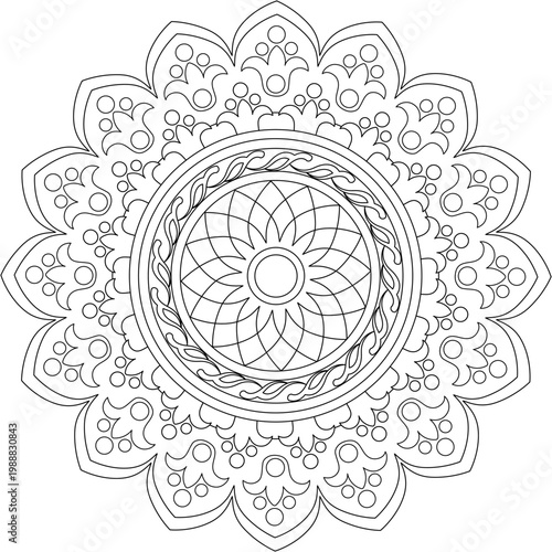 Symmetrical round pattern with floral elements and circles. Anti-stress relaxation activity for adults and children. Printable vector illustration for coloring book.