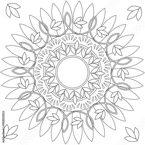 Symmetrical round pattern with olive leaves and circles for coloring book. Anti-stress relaxation activity. Printable vector illustration for adults and children.