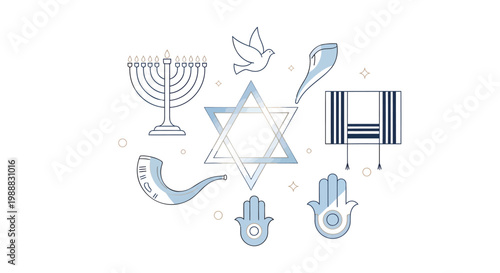 Jewish religious symbols collection, blue line art icons with Star of David and Menorah, Hanukkah and Passover holiday vector elements