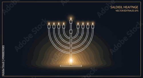 Glowing Hanukkah menorah with lit candles, elegant gold line art chanukiah on dark background, festive Jewish holiday vector illustration
