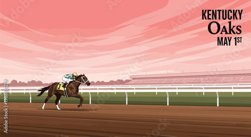 Kentucky Oaks horse racing vector illustration, thoroughbred racehorse with jockey on dirt track, pink sky sunset background for May 1st event