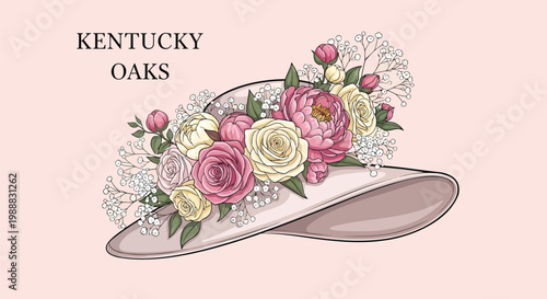 Kentucky Oaks elegant floral hat vector, pink wide brim fascinator with roses and peonies, horse racing fashion illustration for garden party