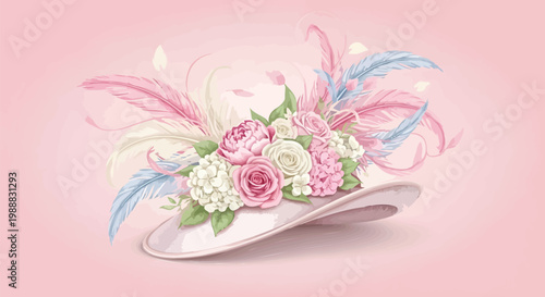 Vintage elegant woman hat with pink roses and feathers, romantic floral headwear illustration, pastel victorian style millinery vector for wedding