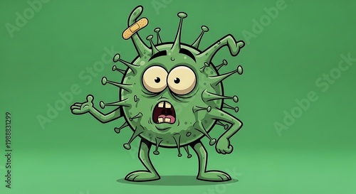 Cartoon virus character looking surprised with a band-aid on its head