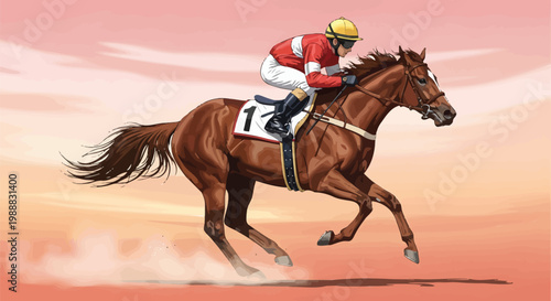 Professional horse racing vector illustration, jockey riding thoroughbred racehorse at full gallop, equestrian sports competition on dirt track