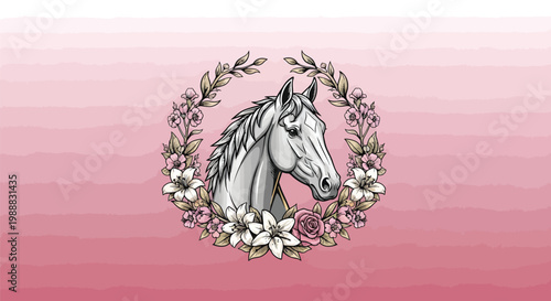 Vintage horse head vector illustration, elegant equine portrait in floral wreath, majestic stallion with flowers on pink watercolor background